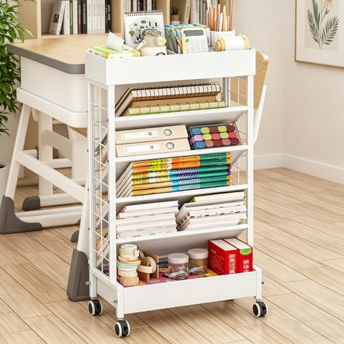Dexinhdh 6 Tier Modern Mobile Book Cart, Book Rack Storage Bookshelf with Wheels, Floor Standing Carbon Steel Office Paper Organizer for Storing Books Magazines(White)