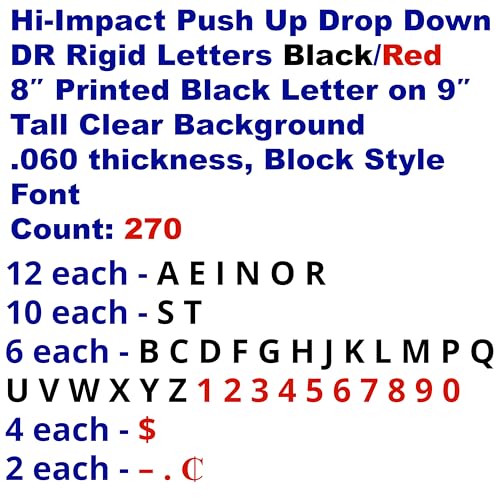 Changeable Outdoor Marquee Rigid Sign Letters | 8″ on 9″ | Acrylic | Block Font | Black Letters/Red Numbers | 270 Count Set