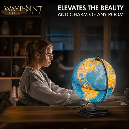 Waypoint Geographic Odyssey Plus Illuminated Globe, 12" Blue Ocean-Style World Globe, Up-to-Date, Light-Up, for Home and Office Decor, 17.5“ H x 13.5“ W x 12“ D
