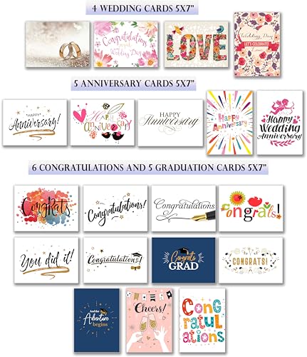 100 All Occasion Cards, 100 Unique Designs, Large 5x7, Envelopes & Box