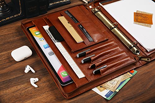 Personalized Leather Portfolio Binder with 3 Ring - Genuine Leather Padfolio and Business Organizer - Engraved Gift for Men and Women - Ideal for Conference and Presentation - Letter Size, Brown