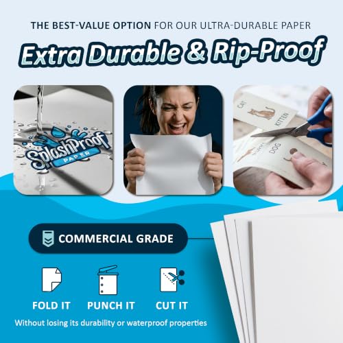 SplashProof Printer Paper - 8.5" x 11", 10 Mil Waterproof Paper, Laser Printer & Copy Machine Compatible (50 Sheets)
