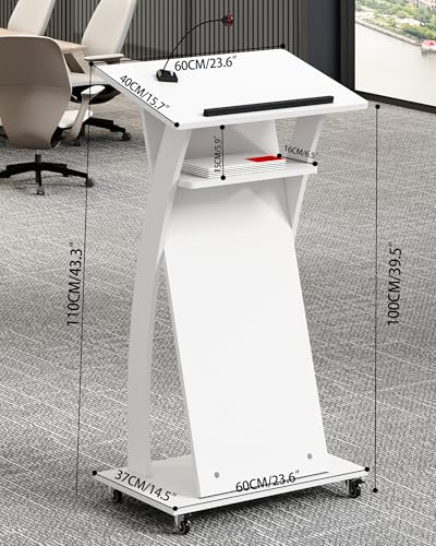 xibolai Mobile Wooden Podium Stand with Wheels Lectern White 16MM Wood Board Elegant Design Wooden Churche Pulpit