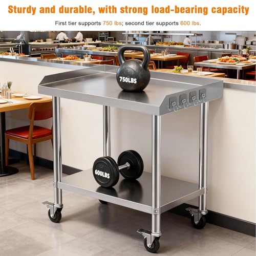 ilkqeppe Stainless Steel Table, Rolling Kitchen Island & Prep Table with 3-Sided Splash Guard, 36"x24"x36" Work Tables with Wheels, Commercial Kitchen Island for Kitchen, Garage & Restaurant