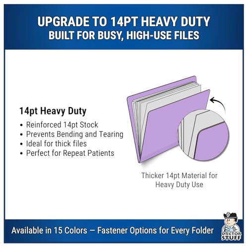 Lavender File Folders, Doctor Stuff, Letter Size Reinforced End Tab Folder with 2" Bonded Fastener on Inside Front and Back, 14 pt Stock, Box of 50