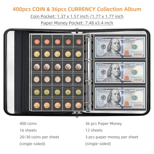 400-Pocket Fireproof Coin Book with Lock & 36 Paper Currency Binder Sleeves