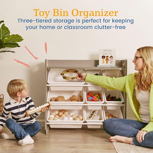 ECR4Kids 3-Tier Organizer with Shelf and 9 Removable Plastic Bins, 3x3, Toy Storage, Grey/White