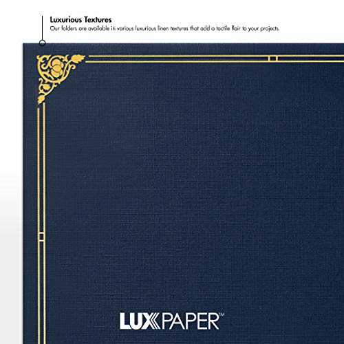 LUXPaper 9.5" x 12" Certificate Holders | Nautical Blue Linen | Embossed Gold Foil Floral Border | 100lb. Cover | 100 Qty