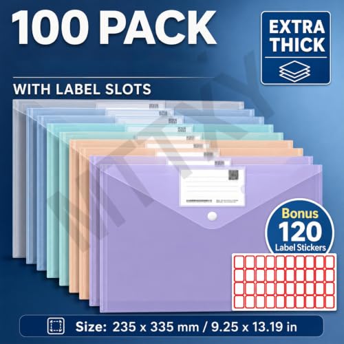10/20/50/100 Pack Colored A4 File Folders with Label Slots, Snap Closure,100PCS