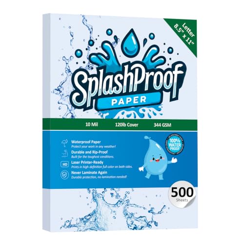 SplashProof Printer Paper - 8.5" x 11", 10 Mil Thick Waterproof Paper, Laser Printer & Copy Machine Compatible (500 Sheets)