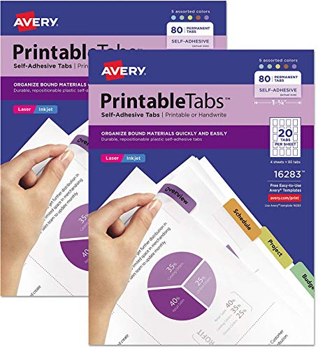 Avery 16283 Printable Plastic Tabs with Repositionable Adhesive, 1 3/4, Assorted (Pack of 160)