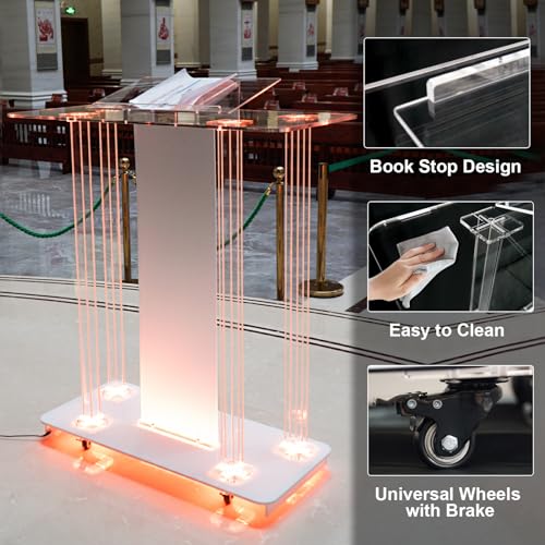 Vakiorn Church Pulpit with Led Lights, 46” Acrylic Pulpits for Churches, Transparent Podium Stand with Wheels& Spacious Reading Platform, Clear Lectern for Speech (39.4”L*15.7”W *44”H)