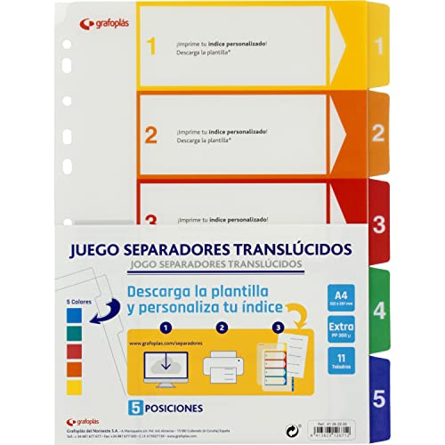 Grafoplás | Customizable Translucent Dividers, 5 Positions, A4, Extra Prolypropylene 300μ, 11 Drills, Perfect for Filing Cabinets