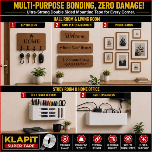 KLAPiT Tough Super Heavy Duty Double Sided Tape (16.40FT/5M) – Waterproof Removable Mounting Tape | 450lb Hold Weatherproof Nano Tape for Home Decor, Kitchen, Classroom Must Haves & Office (Pack of 2)