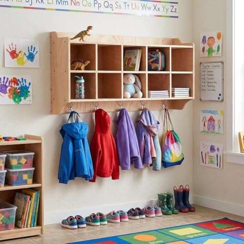Naiveferry Hanging Wall Cubbies 10 Cubby Storage with Hooks, Wall Mounted Organizer for Daycare Classroom Entryway, Open Cubby Shelf for Toys Shoes Books, Natural