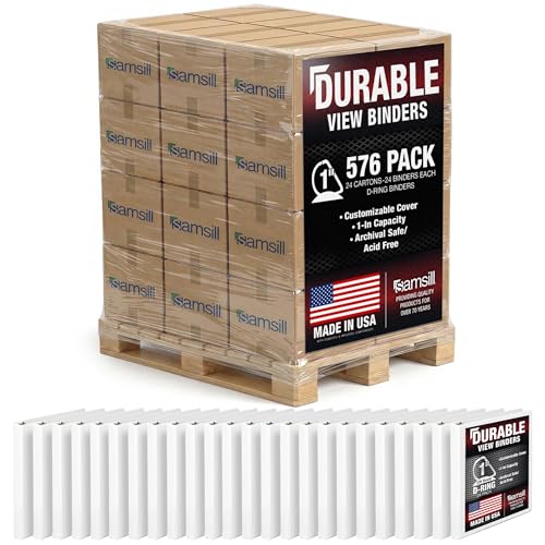 Samsill Durable 1 inch 3 Ring Binder, D Ring Binder, 100% Recycled Chipboard, White, Pallet of 576 Binders in 24 Cartons