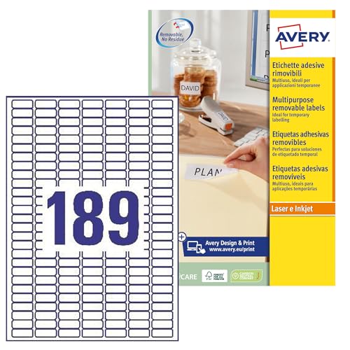 Avery Removable, Printable, Multi Purpose Labels, Multi Surface, 25.4 x 10 mm, White, 189 Labels per Sheet, 4725 Blank Labels per Pack (L4731REV-25)