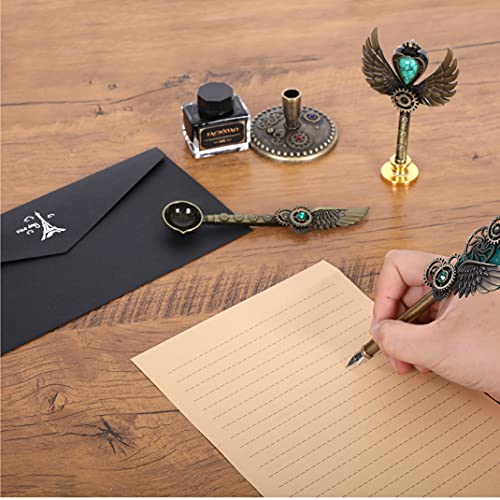 Facwxiao Quill Pen Set, Green, Feather Pen, Ink, Bookmarks, Seals, Nibs, Wax Bead, Envelopes, Writing Paper, Gift Box