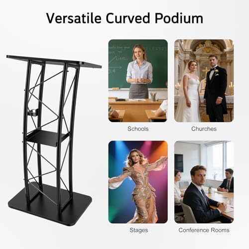 Curved Podium Stand, 47 Inch Tall Metal Lectern, Black Portable Pulpit with Book Stopper & Cup Holder for School, Conference, Stage, and Classroom Settings