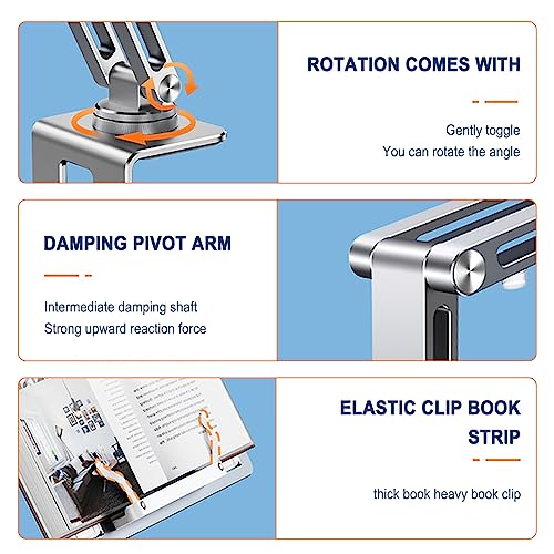Book Stand for Reading with Clamp, Hands Free Book Holder Stand, Angle Adjustable, Ergonomic Design, Portable, Foldable, Elastic Book Holder, for Projector, Online Learning, Home Offi(Color:Silver-02)