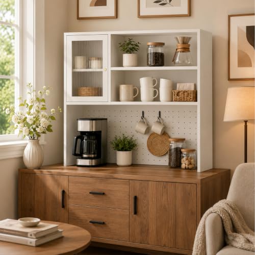 LINLIUA Desktop Bookshelf, Desk Hutch Dorm with Pegboard, Desk Shelves for Top of Desk, Wood Desktop Storage Rack with Cabinet Door, Countertop Bookcase for Office Dorm Home Study