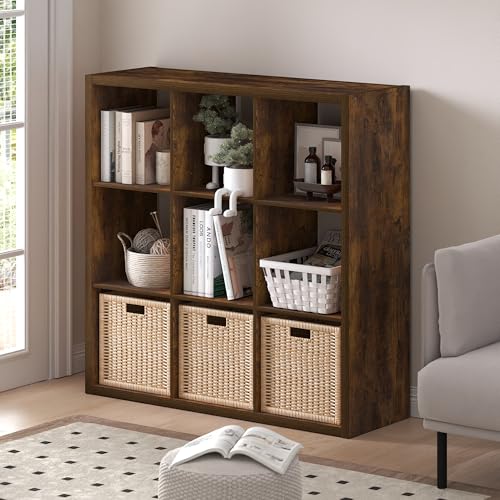 Furinno Cubicle 9-Cube Book Shelf, Extra Thick Frame Bookshelf, Amber Pine