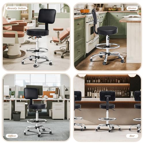 OmySalon Drafting Chair,Ergonomic Office Desk Chair with Back Support,Tall Adjustable Rolling Stool with Footrest & Thick Seat Cushion,Computer Chair for Salon Medical Spa Home Bar Kitchen, Black