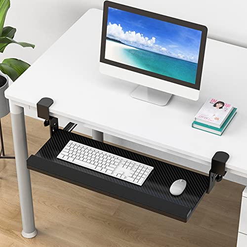 Under-Desk Keyboard Tray, Slide-Out Keyboard Drawer, Pull-Out Wooden Keyboard Platform, C-clamp Mounting System Keyboard Stand, Ergonomic Arm Support, 25x10inch, Black
