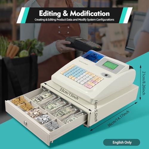 48 Keys Electronic Cash Register, Multifunction Cash Register with Multiple Interfaces, Permission Settings and Cash Detection Light Commercial Electronic Cash Registers for Supermarkets Retailers