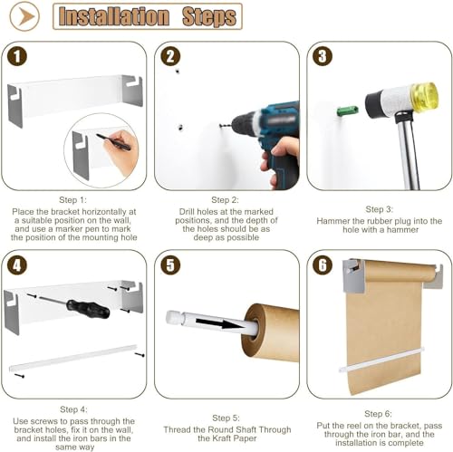 GWIKYNCW 12/24/36/48 Inch Wide Kraft Paper Roll with Dispenser, Hanging Butcher Paper Roll Dispenser and Cutter (White 12inch/30cm Wide)