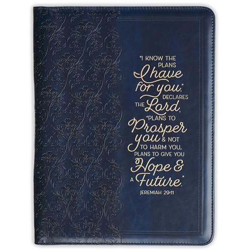 Christian Art Gifts Premium Vegan Leather Inspirational Scripture Zippered Portfolio for Women & Grads: I Know the Plans Bible Verse, Notepad/Pen/Highlighter Combo, Card Slots, Navy Blue & Gold Floral