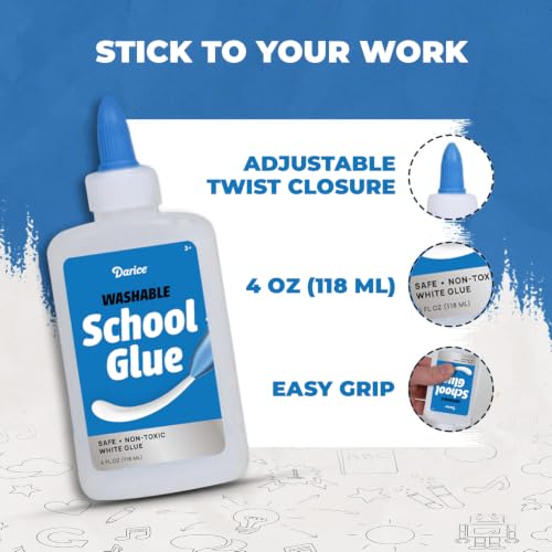 Darice Washable School Glue 4oz - 48 -Pack White Liquid Glues for Kids - Extra-Strong Great for Slime, Arts and Crafts - Back to School Supplies Glue Bottle with Adjustable Twist Closure