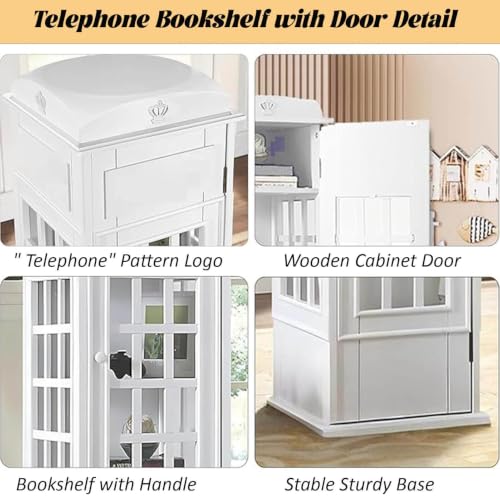 LJLYYDS Wooden Telephone Standing Bookshelf Vintage,5-Tier Floor Standing Telephone Booth Bookshelf with Acrylic Door,Living Room Storage Display Bookshelf,for bookstores, Living Rooms White