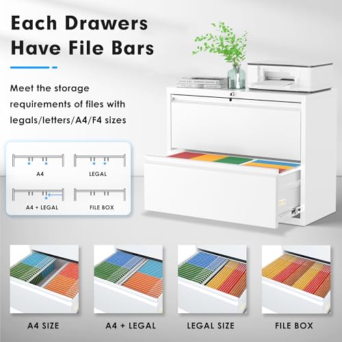 Pataku Lateral File Cabinet, 2 Drawer File Cabinet with Lock, White Filing Cabinets for Home Office, Metal File Cabinet for Hanging Files/Letters/Legal/A4(2Drawer/White)
