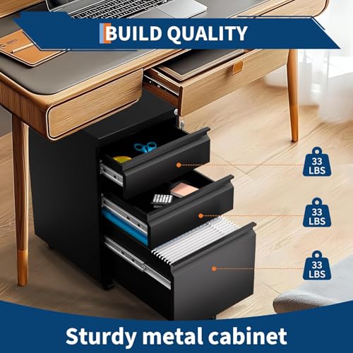 Three-Drawer Filing Cabinet Lockable Under-Desk Side Storage Cabinet Caster-Equipped Filing Cabinet Fits Legal/A4 Paper Sizes Adjustable Shelves Ideal for Office/Home Workspaces - Jet Black
