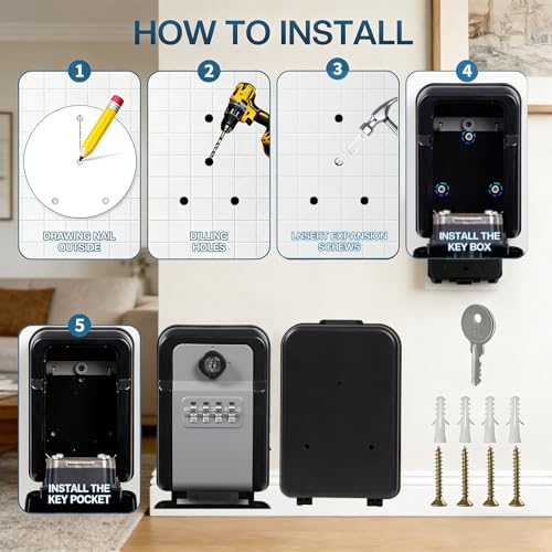 Safe Box for Secure Wall Mount Indoor Outdoor Weatherproof Storage Featuring 4 Digit Combination and Backup Weather Storage