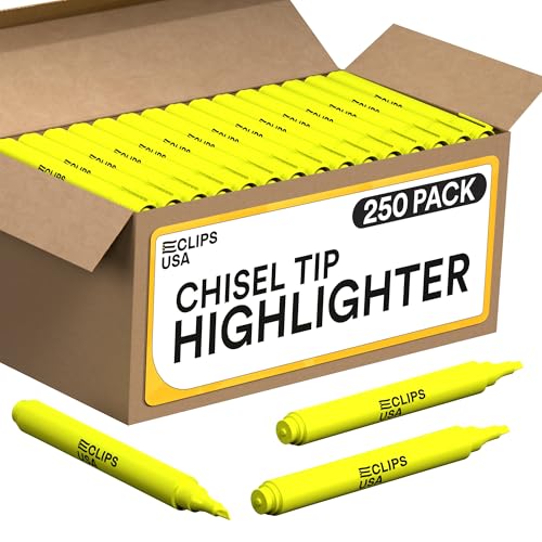 E-CLIPS USA Yellow Highlighters Bulk Highlighter Markers Chisel Tip Fluorescent Yellow Office Supplies School Supplies (250 Pack - Chisel Tip)