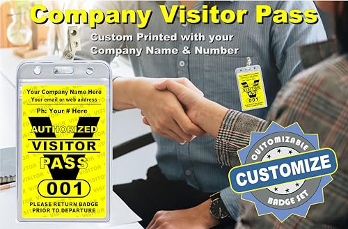 Visitor Pass Badges - PVC Plastic (Custom Printed with Your Company Name & Number) Available in 12, 36, 60 and 108 Piece Sets - Made in The U.S.A. Yellow