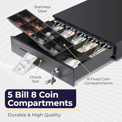 Volcora Manual Push Open Cash Register Drawer with Under Counter Mounting Metal Bracket - 16" Black Front Touch Panel Cash Drawer for POS, Partial Removable 5 Bill 8 Coin Tray, Key-Lock