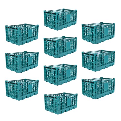 Takywep Collapsible Heavy Duty Milk Crate 52L – Stackable Plastic Storage Bin – Space-Saving Organizer for Office, School, Home & Camping – Holds up to 130 lbs – Green – 10PCS