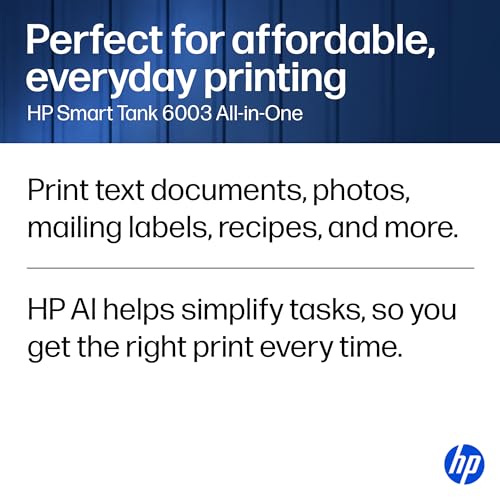 HP Smart Tank 6003 Wireless All-in-One Ink Tank Printer, Scanner, Copier with up to 3 Years of Ink Included, Best-for-Home, Cartridge-Free Refillable, AI-Capable (D35XXA)
