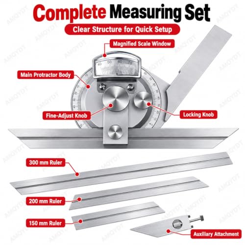 Universal Bevel Protractor, Universal Bevel Protractor with 5 Arc-Minute Scale, Magnifying Lens, Fine Adjustment and 150/200/300mm Rulers for Internal External Angle Measurement