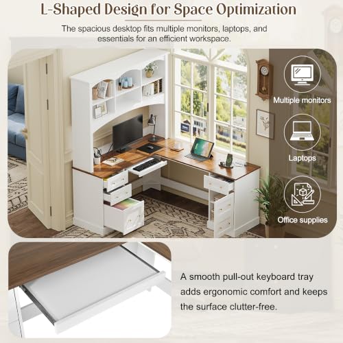 roomfitters L Shaped Computer Desk with Arched Hutch, Farmhouse Corner Writing Workstation Dual Charging Station, White