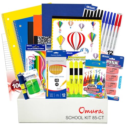 85 Piece Elementary School Supply Kit, Complete Back to School Supplies Bundle with Pencils, Crayons, Colored Pencils, Notebooks, Binder, Folders, Scissors, Markers, Highlighters & Whiteboard