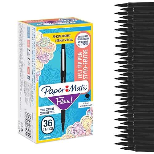 Paper Mate Flair Felt Tip Pens | Medium Point (0.7 mm) Writing Pens | Black Pens | For Writing, Drawing & Sketching | 36 Count