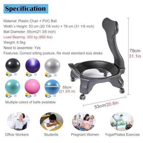 RENLXFI Stability Ball Desk Chair with Wheels & Back Support, Large 55cm Anti-Burst Balls Ergonomic Chairs/Medicine Ball Chair Stand 660 Lb, Adults Students Seniors Exercise Ball Chairs