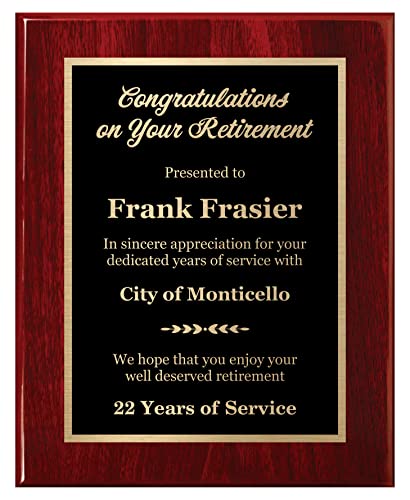Customized Retirement Plaque 8x10 Executive Series, Personalized Award for Employees, Mahogany Piano Wood Board, Customize Now!
