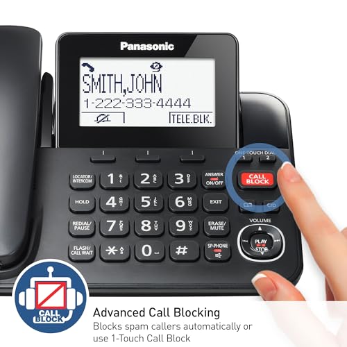 Panasonic Corded Phone/Cordless Phone with Answering Machine, Advanced Call Block and 2-Way Recording, 2 Handsets Expandable up to 6 Cordless Handsets, Landline Telephone - KX-TGF852B (Black)