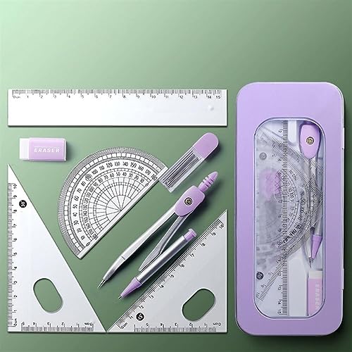 Mathematical Geometry Set 7 Pieces Math Geometry Kit Set Student Supplies School Geometry Set Including Ruler, Protractor, Compass, Lead Lead, Window Box and Eraser etc Ruler Compass Set(Green)