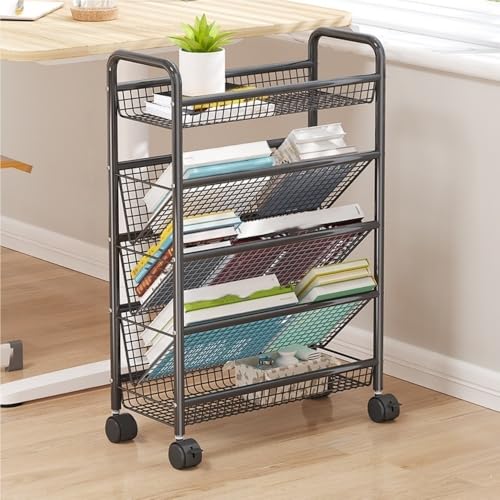 Xadkmwsfm Rolling Book Cart, Multi-Layer Storage Cart, Storage Rack with Wheels, Metal Mobile Bookshelf, Multifunctional Trolley for Living Room, Kitchen, Study(Black,16.5 * 7.5 * 25.8IN)